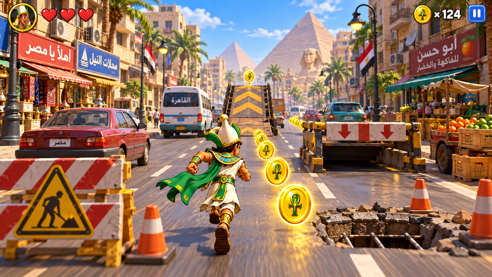 Osiris running through modern Cairo, with traffic, roadworks, and pyramids on the horizon