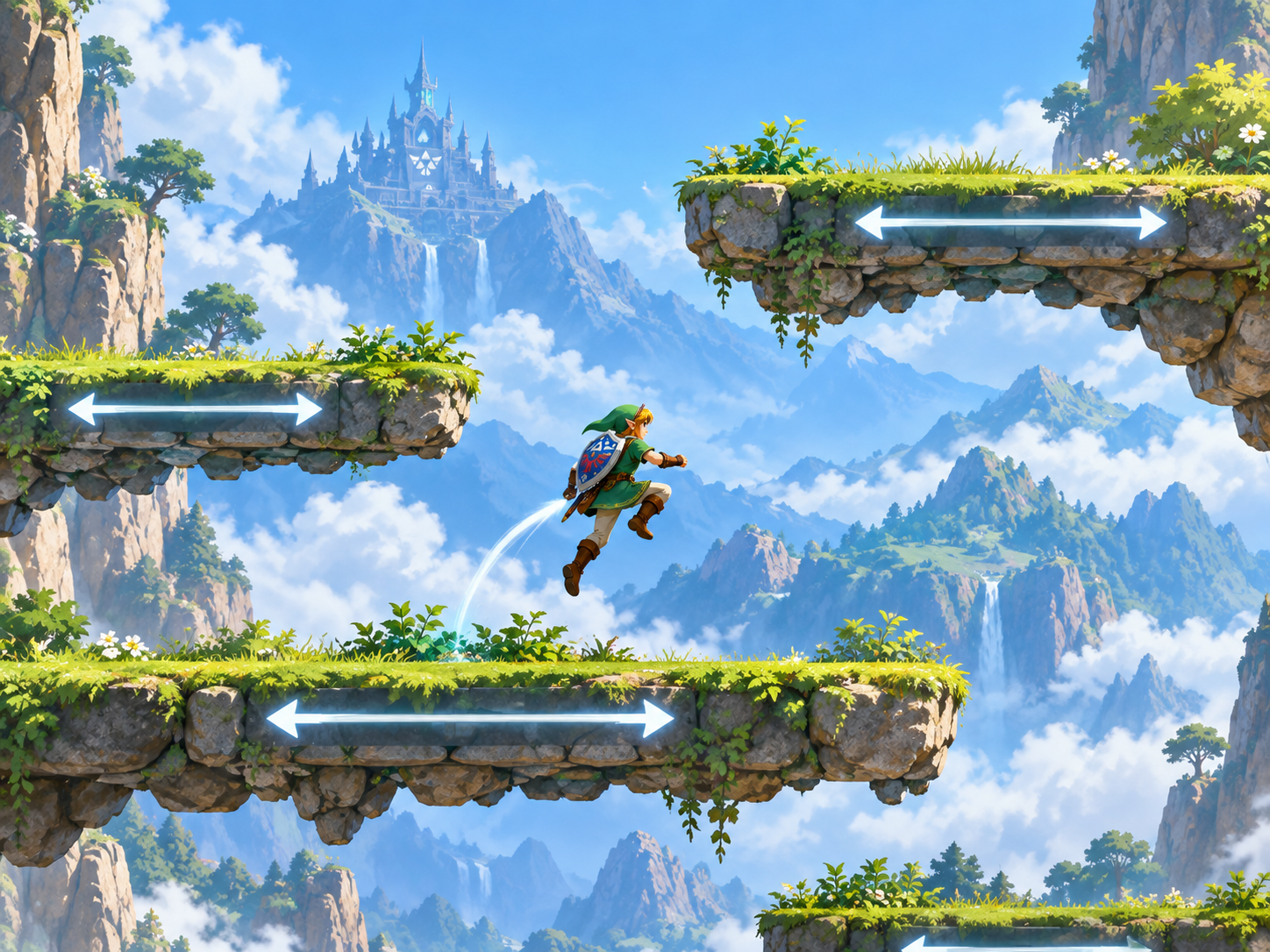 Skybound Ascent: a green-clad elf leaping between grassy mountain ledges